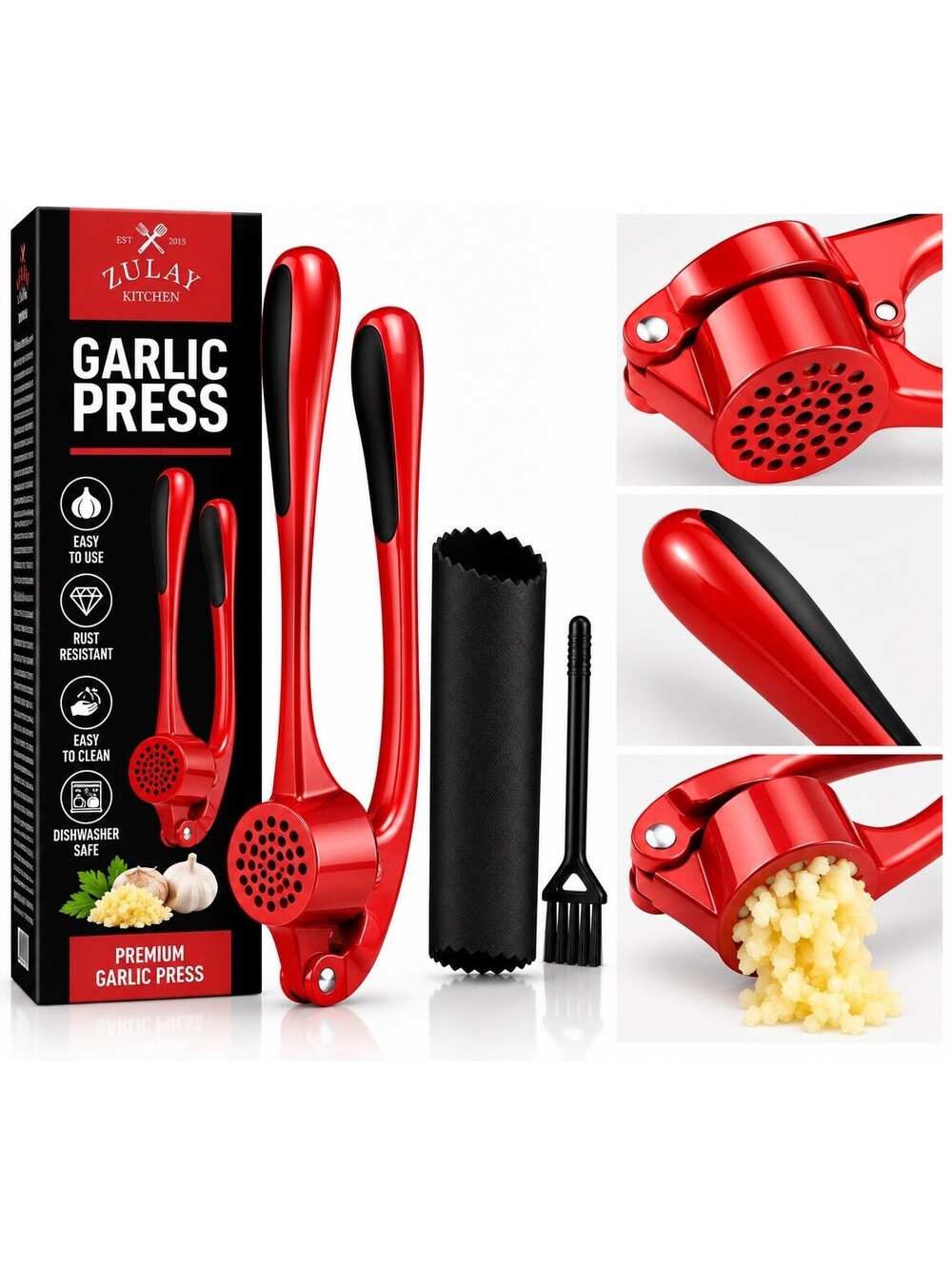 ❤️ Zulay Kitchen Garlic Press Fire Engine Red – Peeler & Cleaning Brush – New